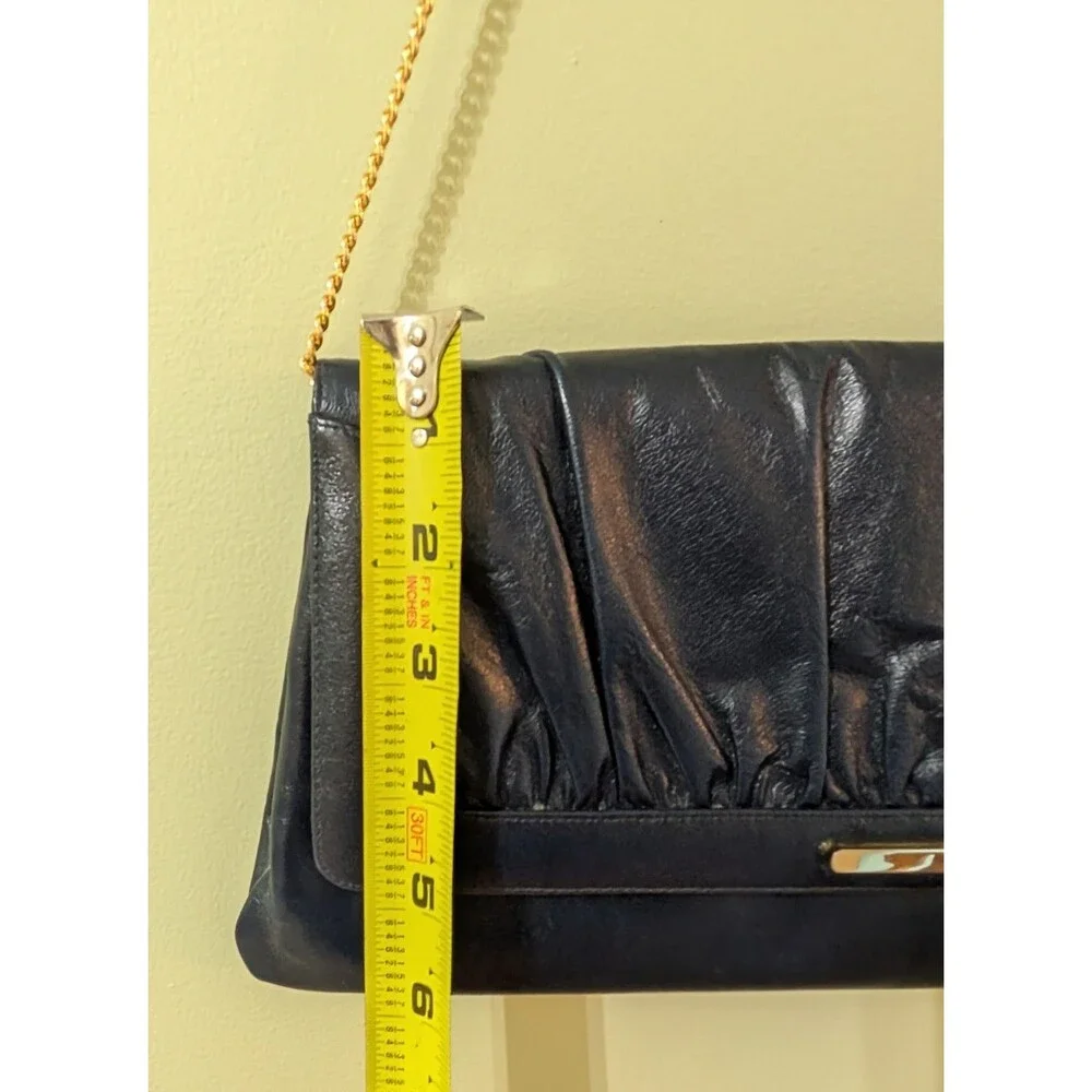 Vintage Susan Gail Dark Navy Leather Clutch W Gold Chain, MCM, Retro